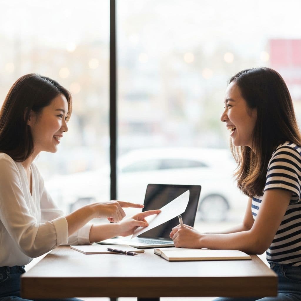 A language teacher and student having an engaging conversation at a bright, modern cafe
